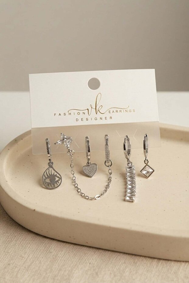 Silver Color Brass Baguette Zircon Stone Detailed 6-Piece Earring Combination Set