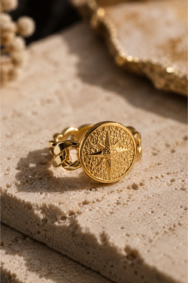 Polar Star Compass Figured Steel Ring with Chain Detail - Adjustable (Gold Color)