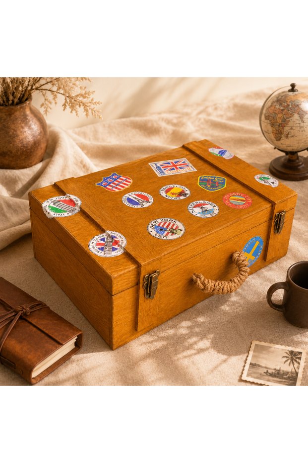 Decorative Retro Wooden Suitcase 43 cm X 30 cm (Height 14 cm) Yellow Oak Handmade Travel Label Themed