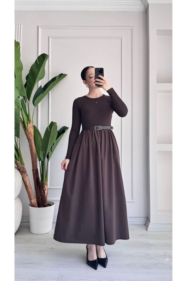 Women's Boat Neck Long Sleeve Belted Two-Tone Maxi Dress