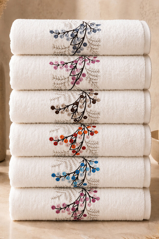 Embroidered Velvet 6-Piece 50X90 Hand, Face & Head Towel Set - Dowry Towel Set, 1200Gr, Premium, Soft, Absorbent and Durable