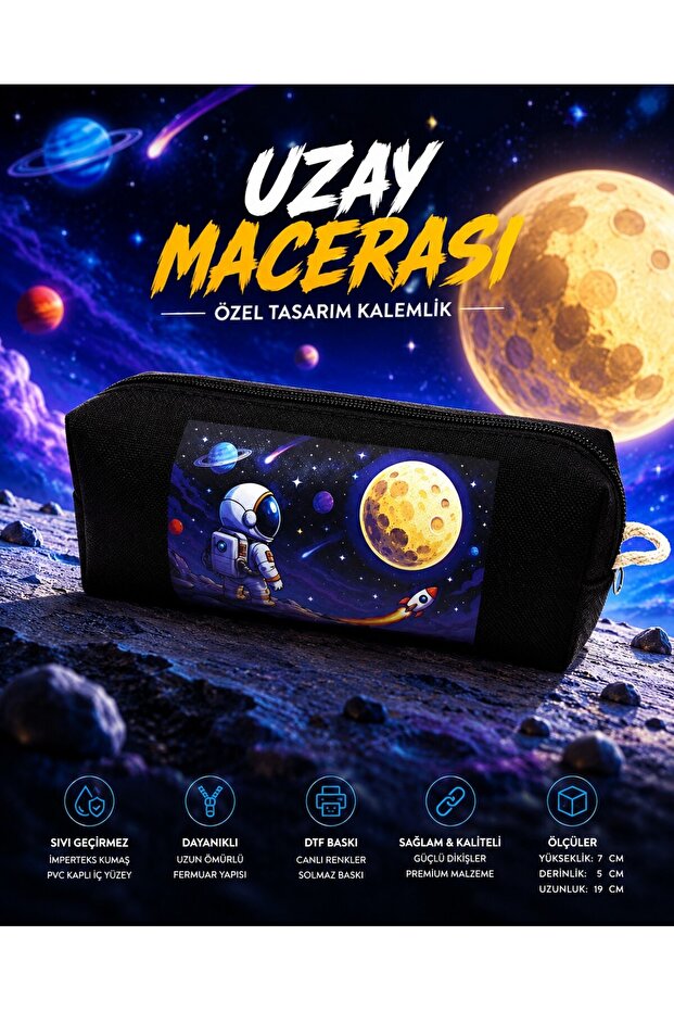 Special Design "Space Adventure" Astronaut Printed Black Impertex Fabric Pen Holder and Multi-Purpose Pencil Case
