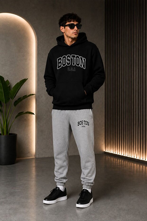 Unisex Boston Printed Seasonal Two-Thread Hooded Sweatshirt Tracksuit Set