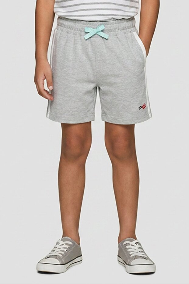 Kids Boy Embroidered Logo Basic Shorts, Grey
