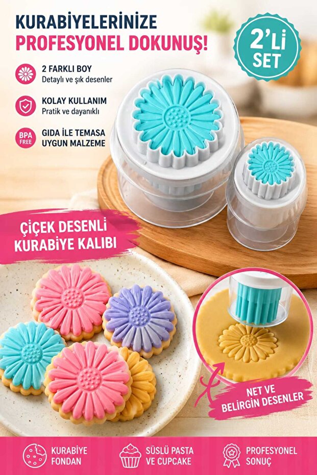 Cookie Mold with Floral Pattern Printed 2-Piece Set Pastry Sugar Dough Cookie Shaper 2 Sizes Pastry Cookie Making Material