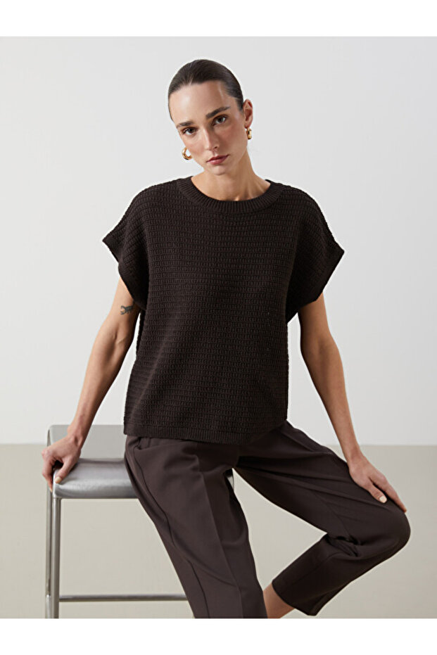 Crew Neck Self Patterned Oversize Women's Knitwear Sweater