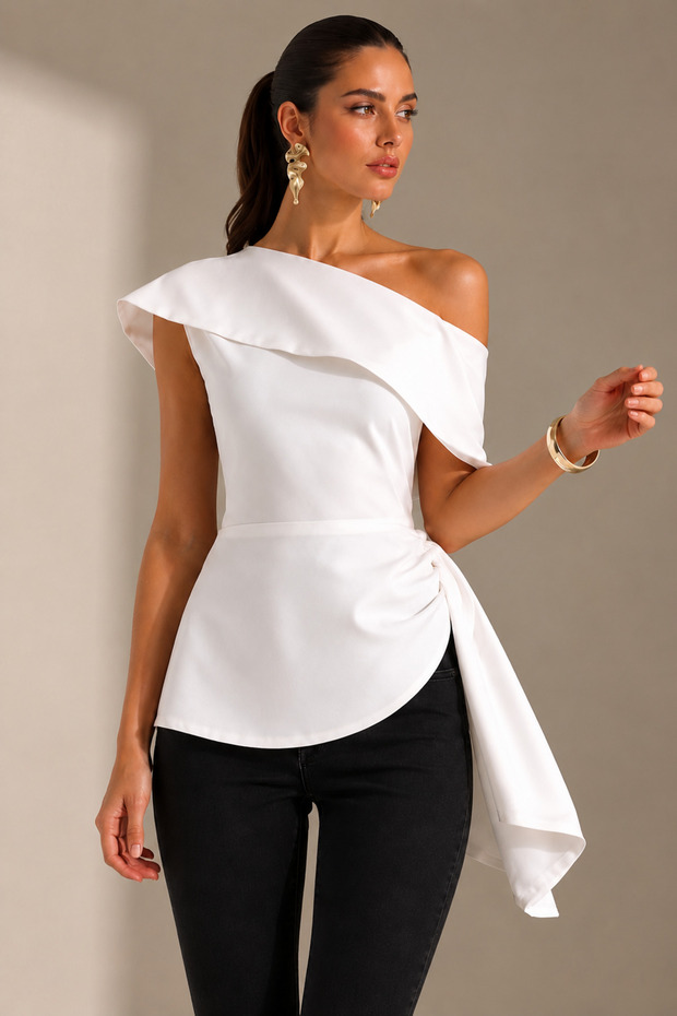 Women's White One-Shoulder Stylish Blouse with Asymmetrical Belt and Flounce Detail