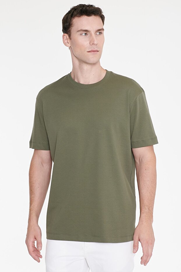 Men's Khaki 100% Cotton Modern Fit Regular Cut Crew Neck T-Shirt