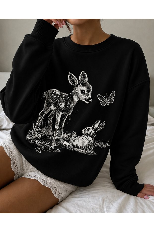 Unisex Women/Men Deer Custom Printed Colorful Oversize Crew Neck Cotton Sweatshirt