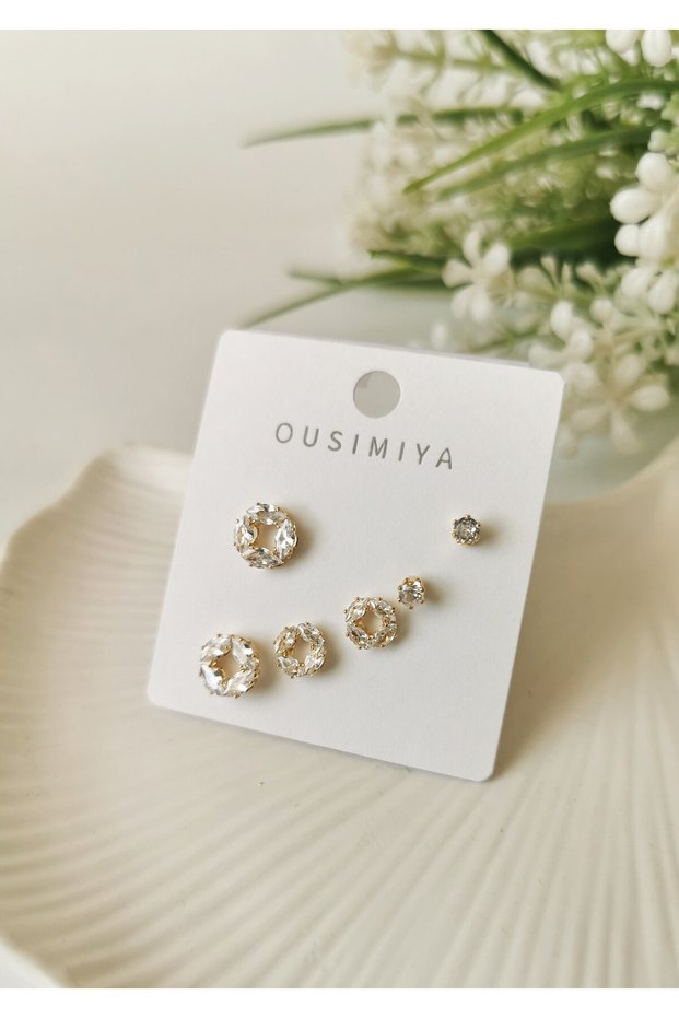 Gold Steel Crystal Stone Hoop Detailed Multiple Earring Set