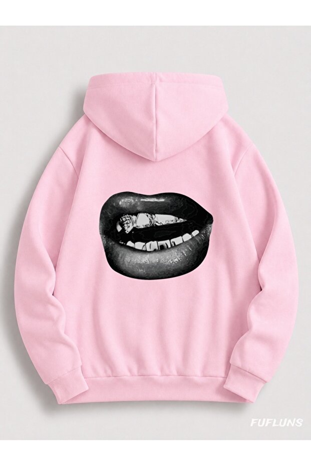 Lip Printed Oversized Women's Hooded Sweatshirt