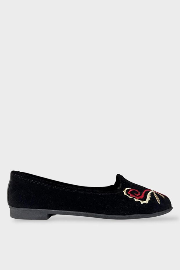 Embroidery Detailed Home Women's Ballerina Shoes Black - Red