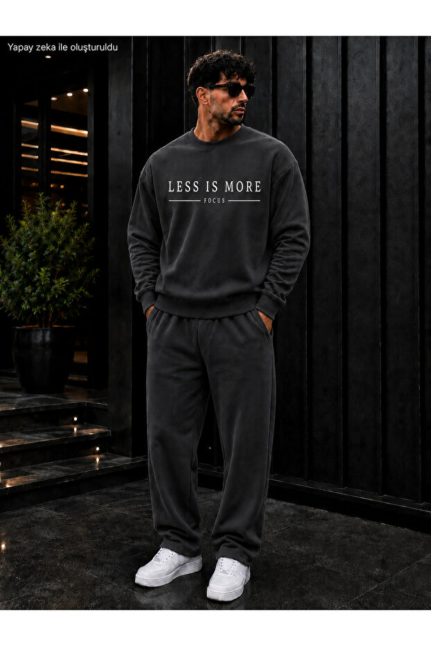 Men's Less Is More Focus Typography Printed Crew Neck Regular Fit Men's Tracksuit Set /Straight Leg Bottom