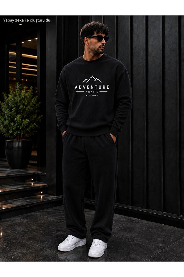Men's Adventure Await Mountain Patterned Typography Printed Crew Neck Regular Fit Men's Tracksuit Set /Straight Leg Bottom