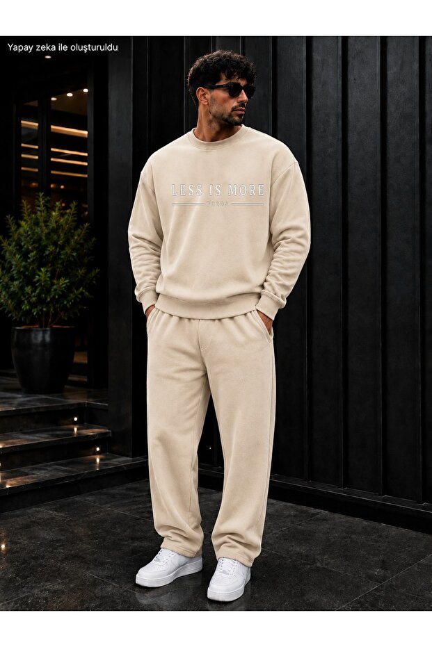 Men's Less Is More Focus Typography Printed Crew Neck Regular Fit Men's Tracksuit Set /Straight Leg Bottom