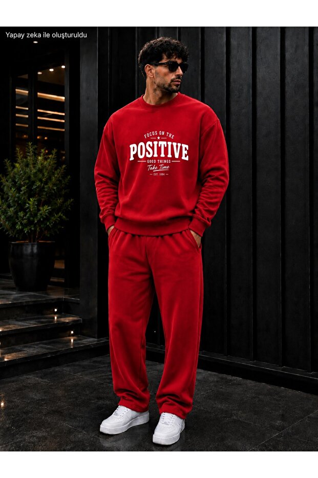 Men's Focus on the Positive Typography Printed Crew Neck Regular Fit Men's Tracksuit Set /Straight Leg Bottom