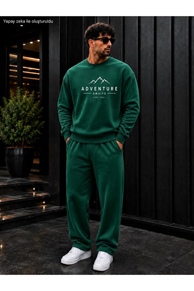 Men's Adventure Await Mountain Patterned Typography Printed Crew Neck Regular Fit Men's Tracksuit Set /Straight Leg Bottom