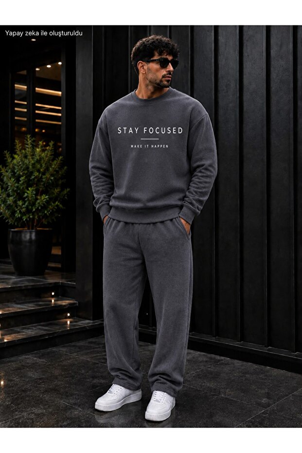 Men's Stay Focused Make It Happen Typography Printed Crew Neck Regular Fit Men's Tracksuit Set /Straight Leg Bottom