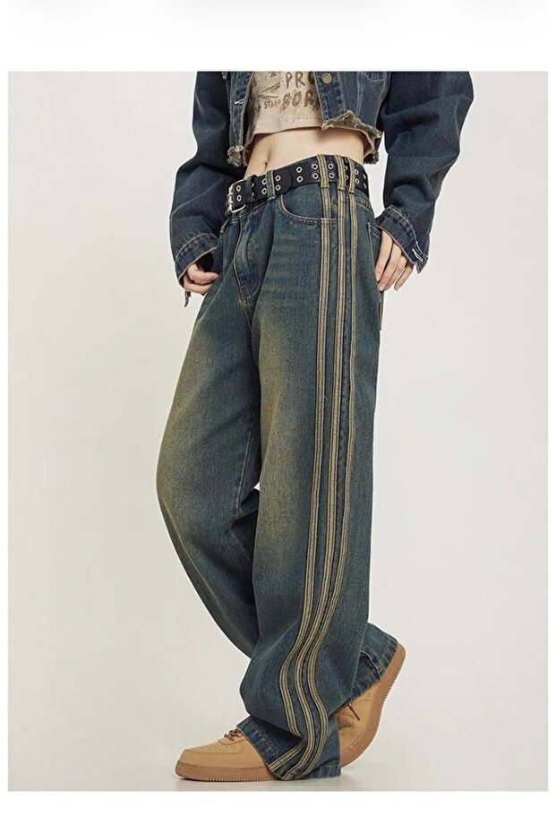 Navy Blue Stonewashed White Tribal Printed Y2K Unisex Baggy Pants
