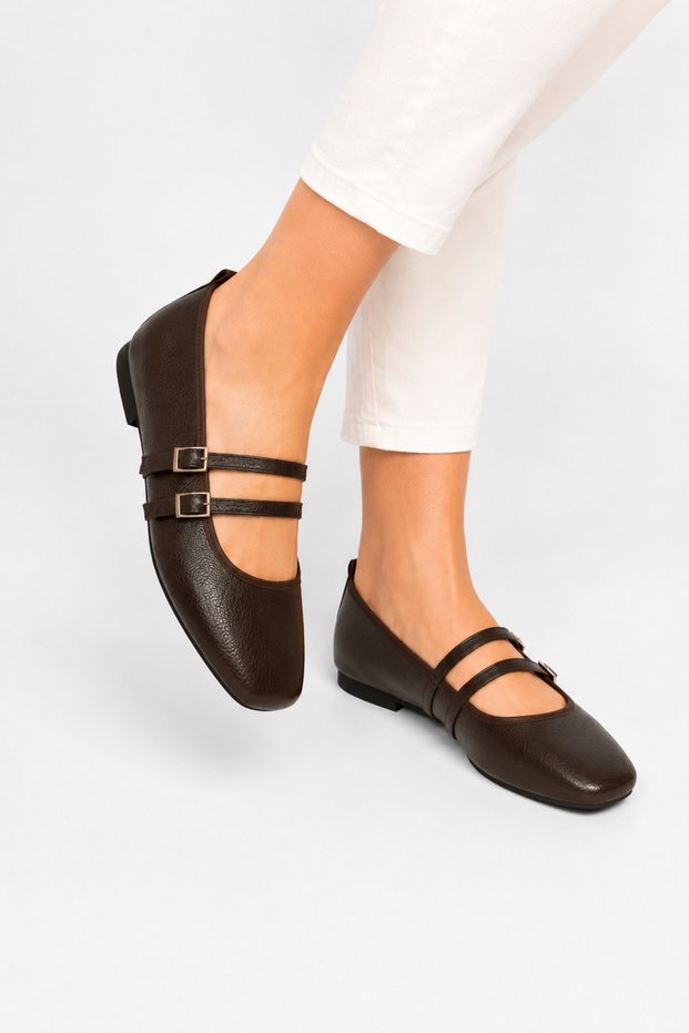 Double-Strapped Women's Ballerina Shoes Brown