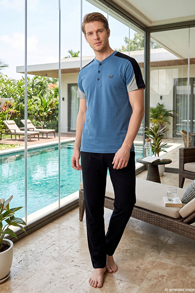 Men's Short Sleeve Combed Cotton Single Jersey Pajama Set 2361 Petrol01