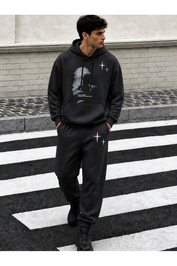 Gray Stay Wild Portrait Combination Top and Bottom Tracksuit Set - Printed Oversize Elastic Cuff Hoodie