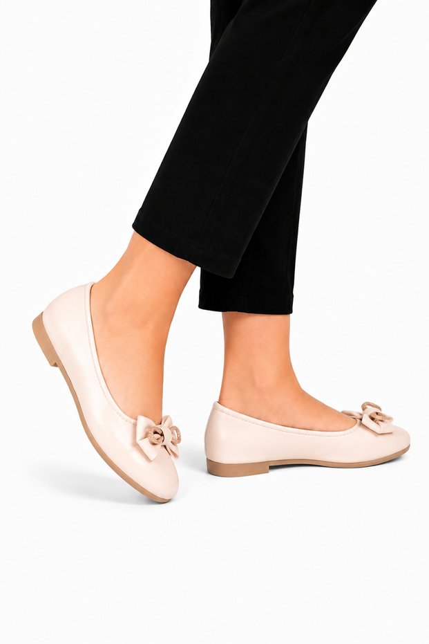 Ribboned Women's Ballerina Shoes Cream