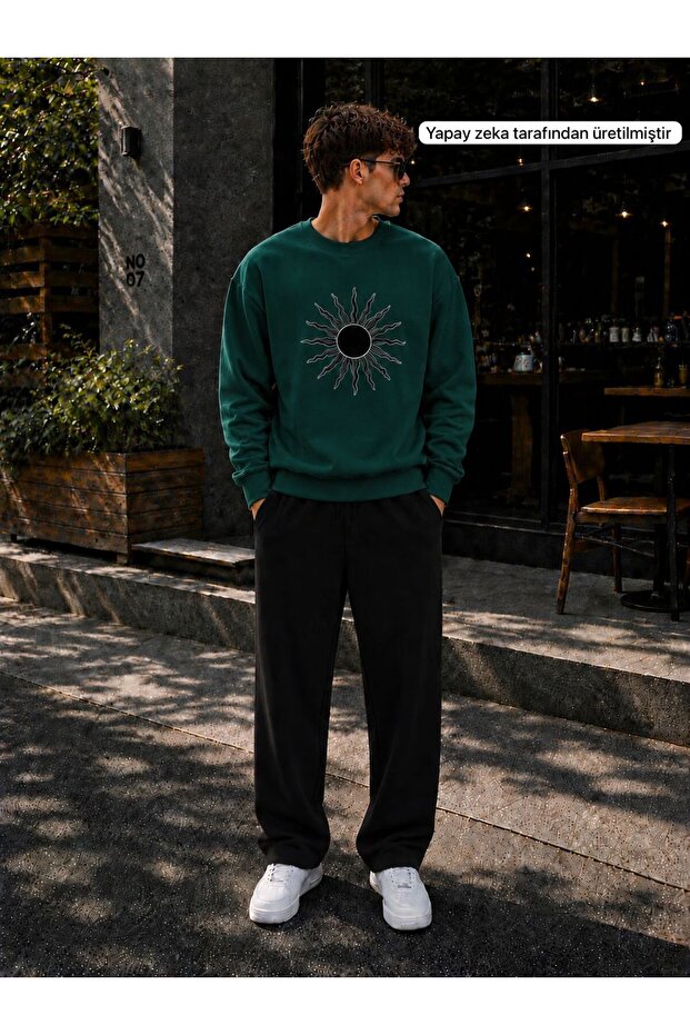 Men's Abstract Sun Printed Crew Neck Regular Fit Men's Tracksuit Set /Straight Leg Bottom