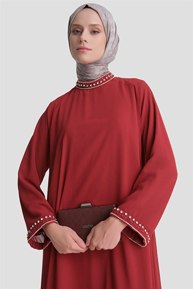 Stone Detailed Stylish Dress Burgundy