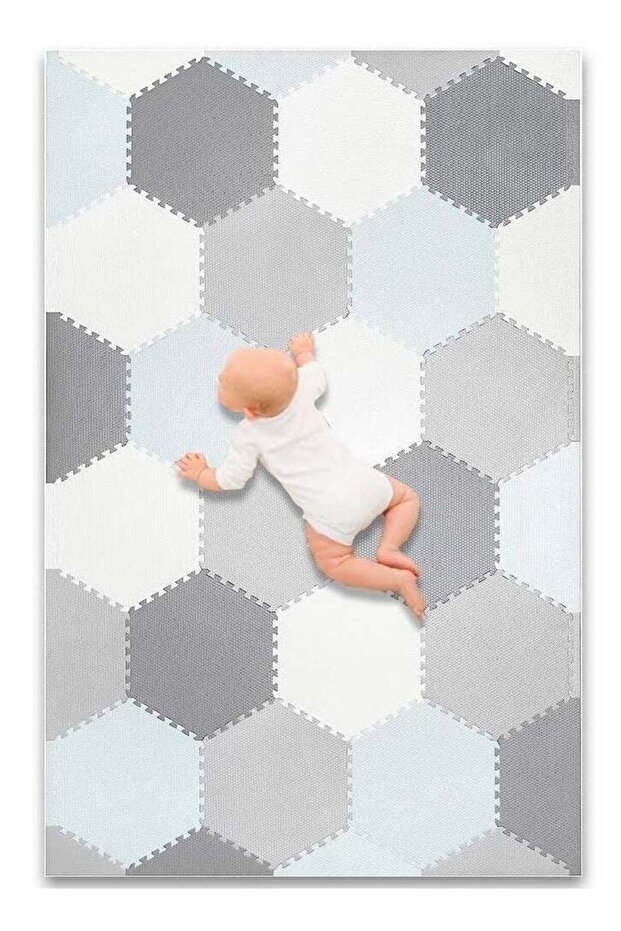 Reva Baby Play Mat Non-Toxic Extra Thick Puzzle Exercise Mats for Crawling, Playing- Soft EVA Interlocking Hexagon 38 Tiles Foam Flooring for Babies, Grey & White 180x120cm