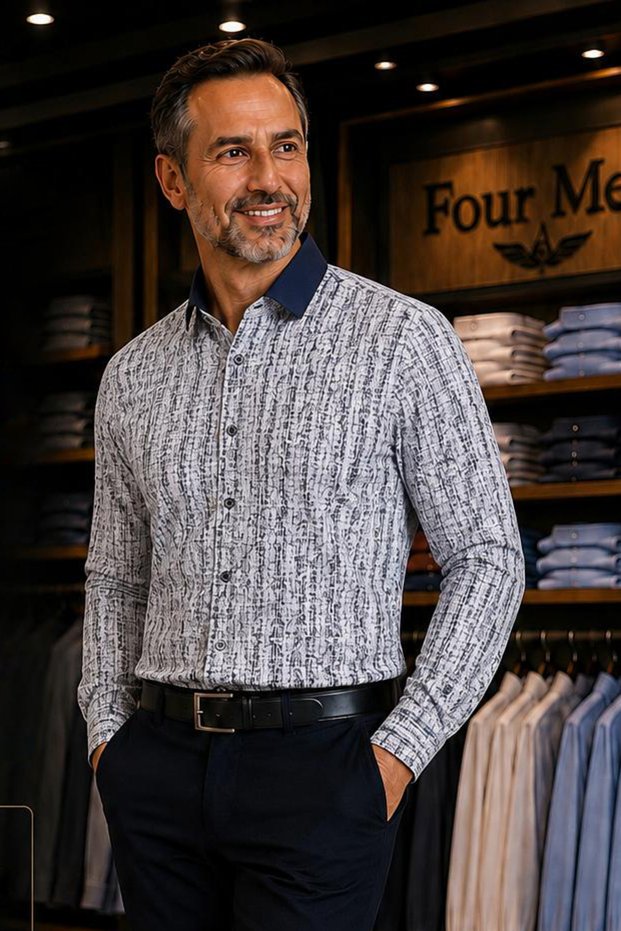 Long Sleeve Patterned Cotton Poplin Slim Fit Men's Shirt