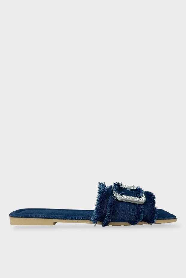 Women's Tassel Detail Buckle Denim Slippers Dark Blue