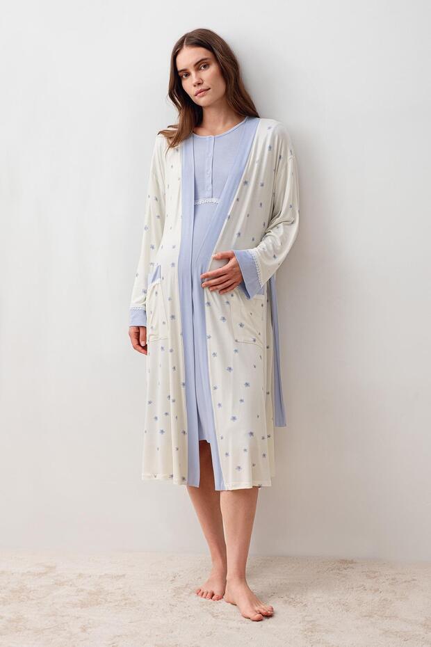 Long Sleeve Patterned Lycra Viscose Maternity Dressing Gown Nightgown Set