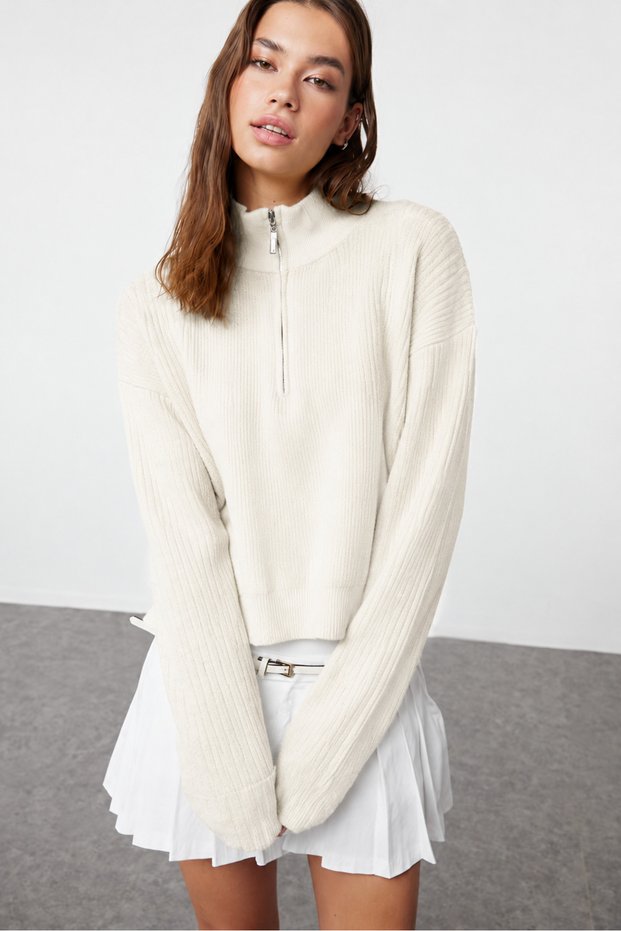 High Neck Half Zipper Ribbed Drop Shoulder Long Sleeve Oversize Knitwear Sweater Aw26Kz00052
