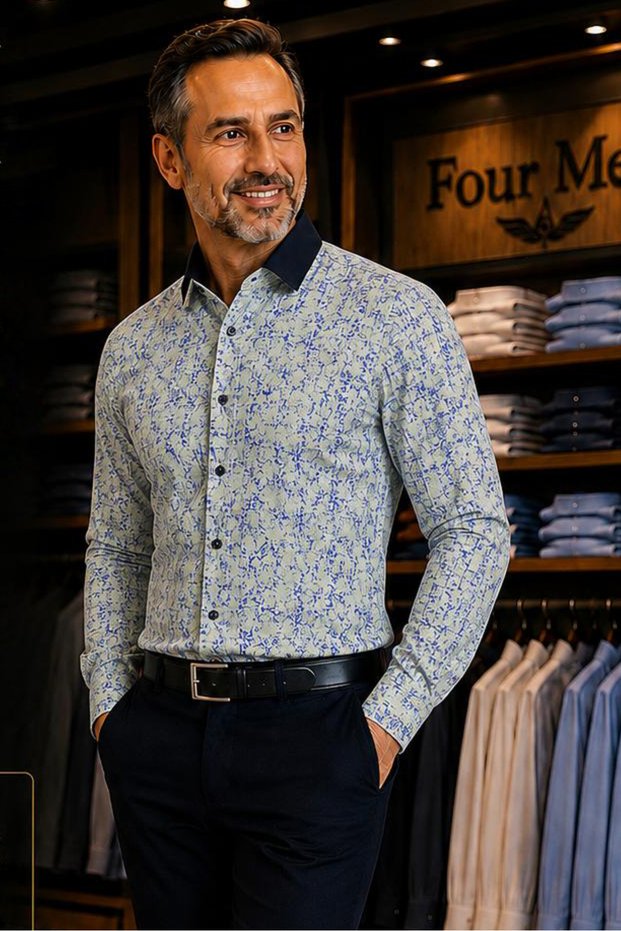 Long Sleeve Patterned Cotton Poplin Slim Fit Men's Shirt