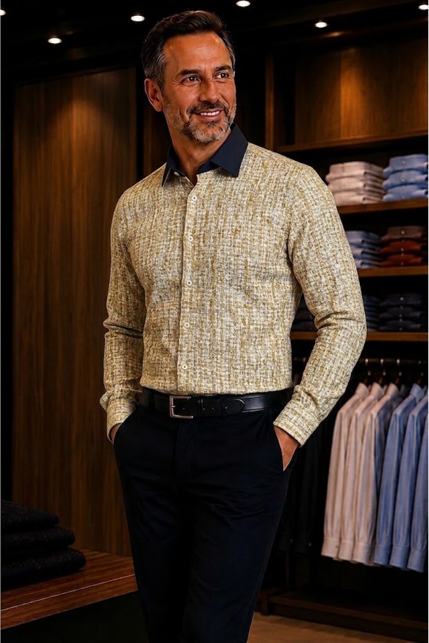 Long Sleeve Patterned Cotton Poplin Slim Fit Men's Shirt
