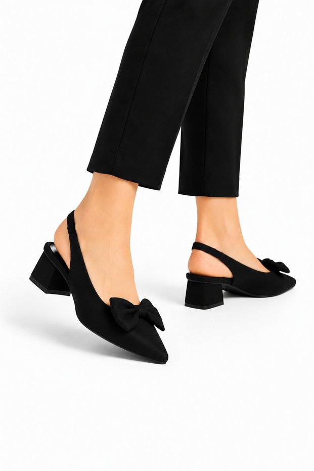 Ribboned Satin Low Heel Women's Sandals Shoes (4cm) Black