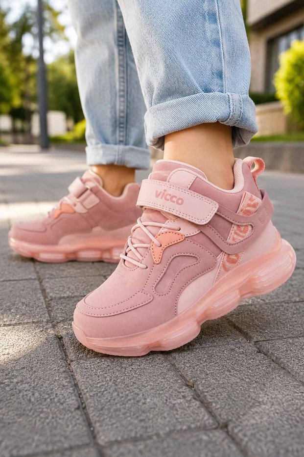 Girl's Pink Sports Shoes with Velcro Fastening, Thick Sole, Casual Sneakers, Size 26-35