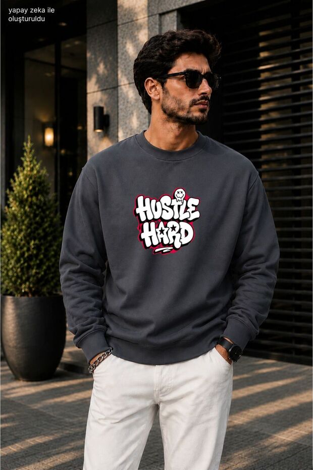 Men's Hustle Hard Graffiti Printed Cycling Round Neck Casual Sweatshirt