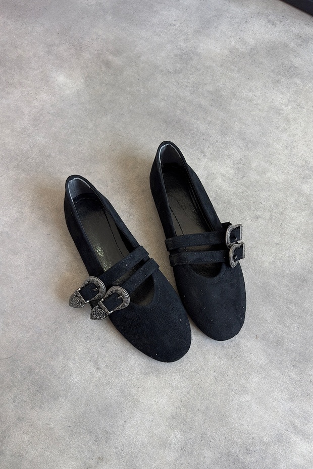Cere Black Suede Double Buckle Detailed Women's Ballerinas