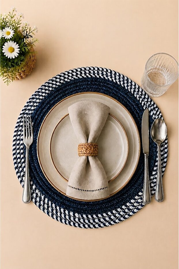Decorative Single Placemat Flat Model Round American Service Placemat Knitted Placemat Handmade Stylish Table Decoration Dining Table Breakfast Table Tableware Decor Home and Kitchen Accessory