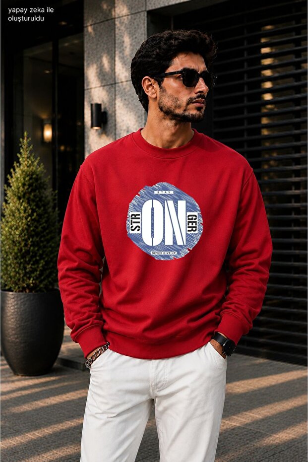 Men's Stay Stronger Circular Typography Printed Cycling Round Neck Casual Sweatshirt