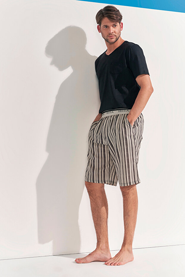 Combed Linen Shorts Pajama Set V-Neck Pocketed Saks Blue T-Shirt Striped Woven Shorts