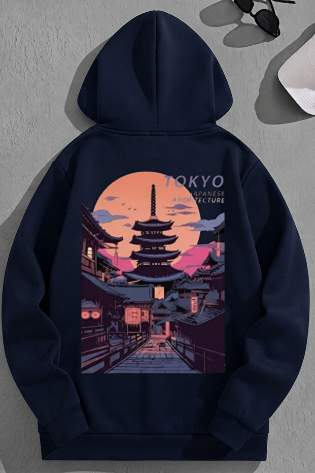 Unisex 3 Thread Cotton Navy Blue Tokyoarchitecture Print Loose Fit Sweatshirt Hoodie