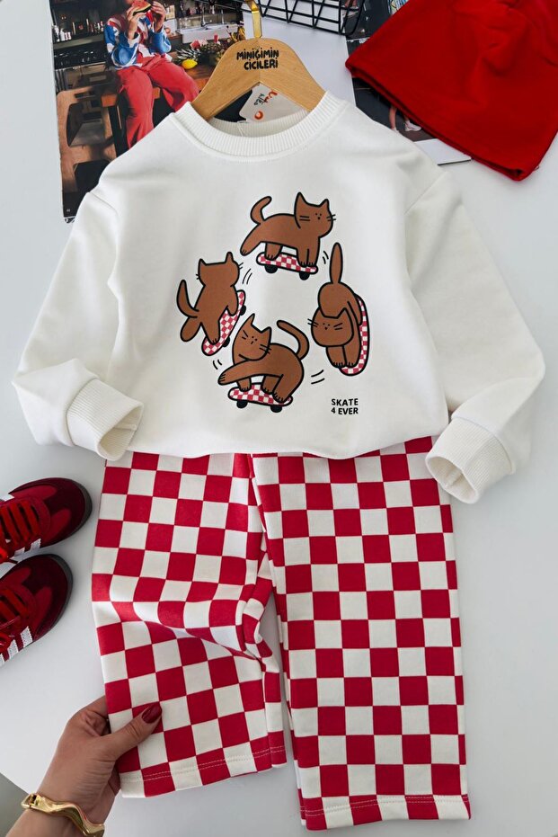 Cute Kitten Printed Checkered Pattern Unisex Children's Set of 2 - Red