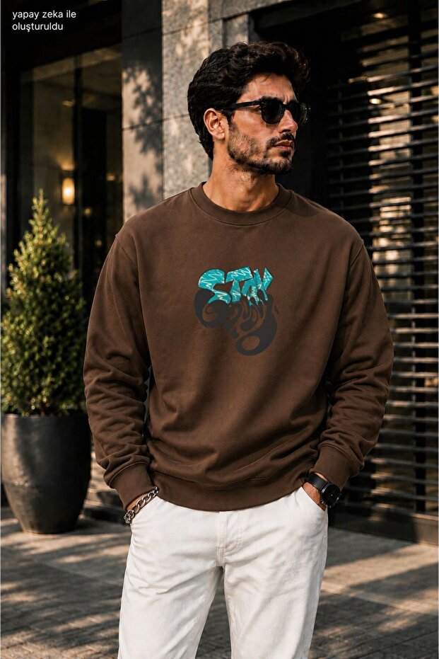 Men's Street Style Graffiti Typography Printed Cycling Round Neck Casual Sweatshirt