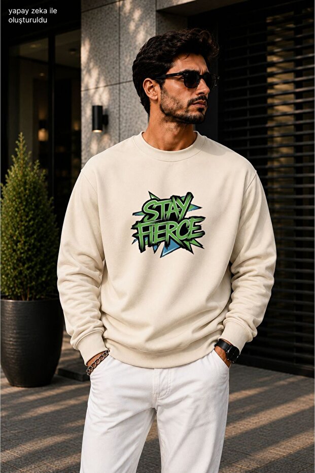 Men's Stay Fierce Graffiti Printed Cycling Round Neck Casual Sweatshirt