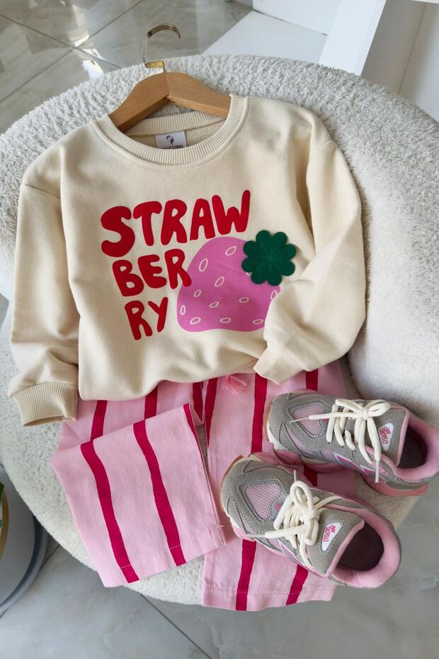 Strawberry Printed Oversized Girls' 2-Piece Set - Pink