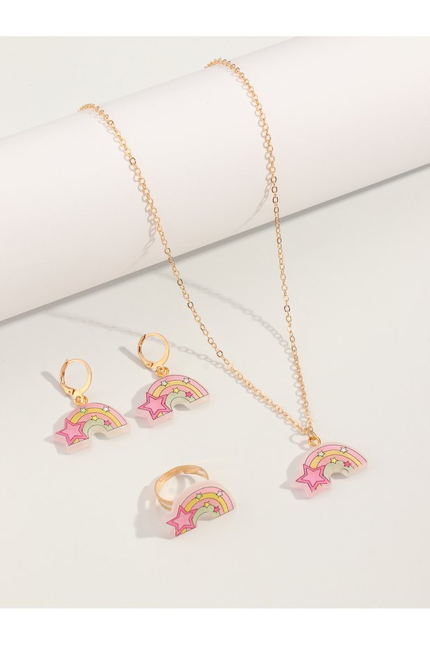 Girls Multi-Color Rainbow Charm Necklaces, Ring and Earrings Set