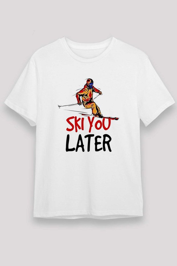 Ski Printed Unisex White T-Shirt - Tshirt